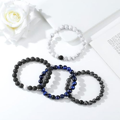 Mens Beaded Bracelets, 8MM Beaded Bracelets for Men, Natural Tiger Eye Bead Bracelet, Stretch Elastic Beads Bracelets for Men - color: 4 Snowflake Lapis Black Volcanic White