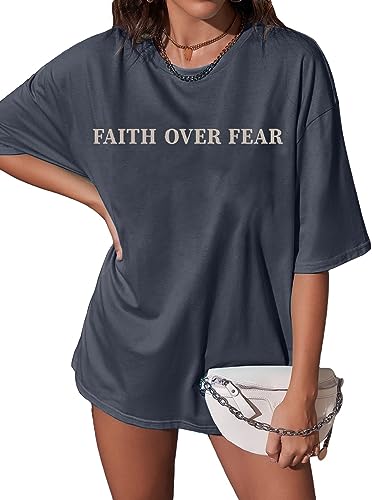 BANGELY Faith Over Fear Shirt Women Graphic Shirts Oversized Workout Gym Christian Religious Tees Drop Shoulder Tee Tops - color: Grey, size: Medium