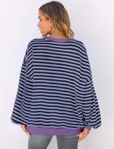 UEU Women Oversized Striped Crewneck Sweatshirt Long Sleeve Casual Pullover - color: Blue Purple Stripe, size: Small