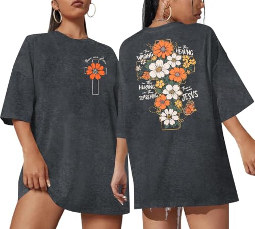 Christian Shirts Women Oversized Jesus God T Shirts Bible Verse Tees Tops - color: A-grey, size: Large