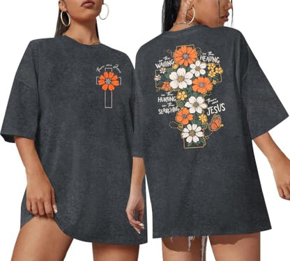 Christian Shirts Women Oversized Jesus God T Shirts Bible Verse Tees Tops - color: A-grey, size: XX-Large
