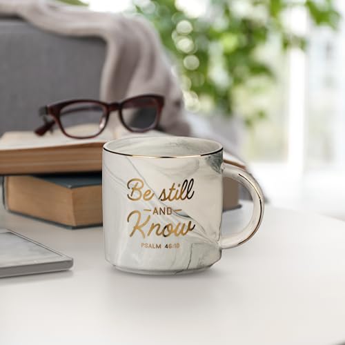 Christian Art Gifts Gray Marbled Ceramic Coffee Mug with Gold Rim – 13 oz. Lead and Cadmium-free Coffee and Tea Mug for Women and Men with Inspirational Bible Verse: Be Still and Know - Psalm 46:10