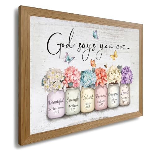 Christian Religious Wall Art, God Says You Are Beautiful Enough Valued, Colorful Hydrangeas in Mason Jars with Bible Verses, Inspirational Home Decor, Wood Grain Solid Pine Frame, No Drill Adhesive Strips Included - color: Faith Themed Hydrangea Wall Art,