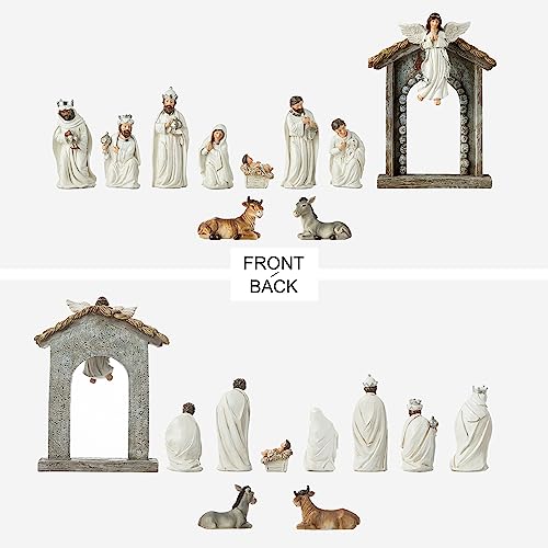 Glitzhome Christmas Nativity Set Nativity Scene Set Indoor 8 in Resin Nativity Figurines Set 11 Pcs Removable Angel Statue Ivory Nativity Sets & Figures Christian Holy Family Figure with Baby Jesus - color: Ivory Nativity Set