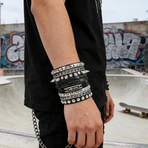 4 Pcs Leather Cuff Bracelets for Men with Spiked Cross Studded Stars Charms - color: Black-Cross