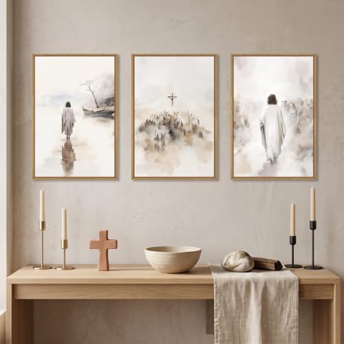 Jesus Christ Walking On Water Scenes Framed Canvas Wall Art Set-16"x24"x3 - color: Religious Christian Wall Art, size: 16"L x 24"W
