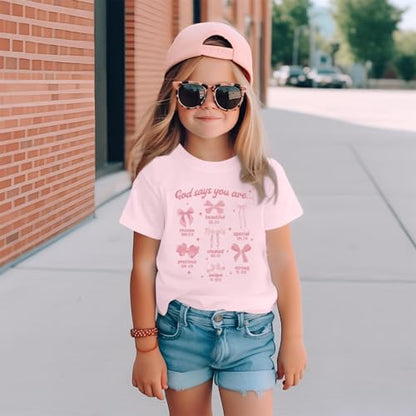 KEEVICI Cute Girls Bow God Shirt Christian Graphic Tees Jesus Shirts for Kids Bible Verse Inspirational Religious T Shirts - color: Pink, size: 9-10 Years