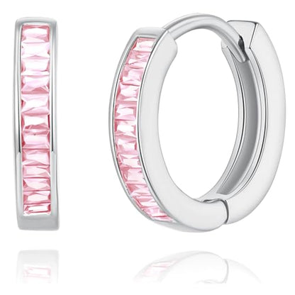 14K Gold Huggie Earrings for Women Silver Huggie Hoop Earrings Cubic Zirconia Huggie Earrings Stud Earrings Lightweight Dainty Hypoallergenic Earrings Jewelry Gifts - color: Silver Pink CZ Huggies