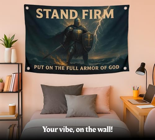 3x5 Feet Motivational Christian Flag Image Knight with Quote "Stand Firm – Put On the Full Armor of God" with 4 Brass Grommets - Single Sided Flag for Home Decor - Polyester Cool Tapestry for Bedroom