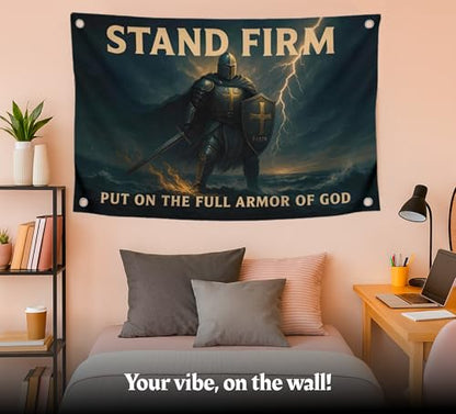 3x5 Feet Motivational Christian Flag Image Knight with Quote "Stand Firm – Put On the Full Armor of God" with 4 Brass Grommets - Single Sided Flag for Home Decor - Polyester Cool Tapestry for Bedroom