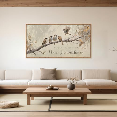 Aurlan His Eye Is On The Sparrow Framed Canvas Wall Art 40x20 Inch - color: His Eye is on the Sparrow, size: 40"L x 20"W