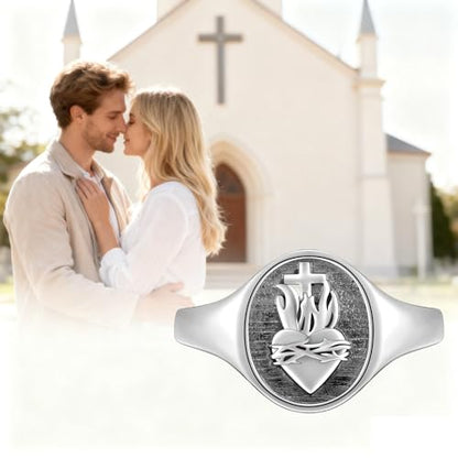FLYOW S925 Sterling Silver Flaming Sacred Heart Rings Catholic Faith Charm Women Signet Ring Adjustable Love of God Thorn Jewelry Easter Gifts