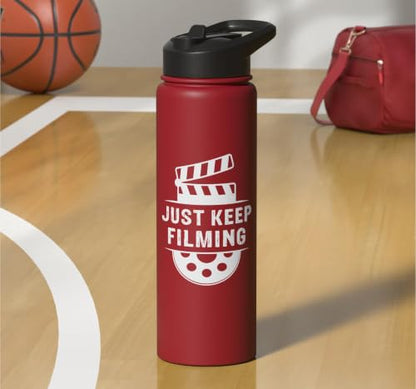 Just Keep Filming Film Industry Video Filmmaker Filming Stainless Steel Insulated Water Bottle - color: Red