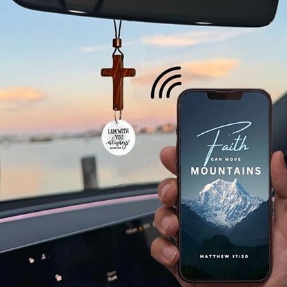 Daily Bible Verse Rearview Mirror Cross Ornament – Daily Scripture Car Charm Hanging Cross for Car with “I Am with You Always” Medallion (Black) - color: Black