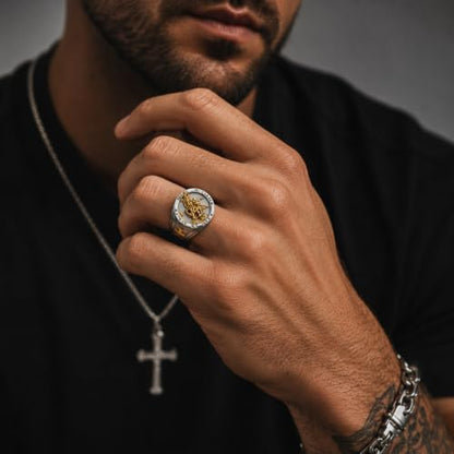 Mens St Michael Ring Stainless Steel Two Tone Archangel Saint Michael Protect Us Cross Signet Ring, Heavy Vintage Religious Biker Amulet Jewelry for Men Police Military