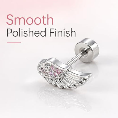 Angel Wing Stud Earrings for Women Silver Plated ﻿ - color: pink