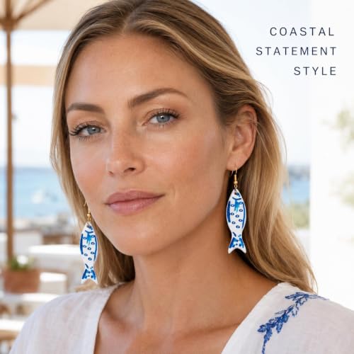 Fish Earrings For Women, Boho Colorful Acrylic Resin Tropical Sea Life Large Dangle Earring Hypoallergenic Summer Beach Vacation Statement Jewelry Gifts - color: Blue Little Fish