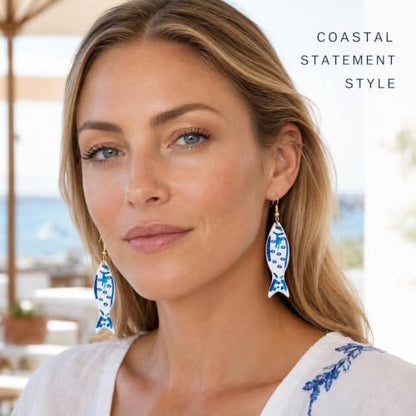 Fish Earrings For Women, Boho Colorful Acrylic Resin Tropical Sea Life Large Dangle Earring Hypoallergenic Summer Beach Vacation Statement Jewelry Gifts - color: Blue Little Fish