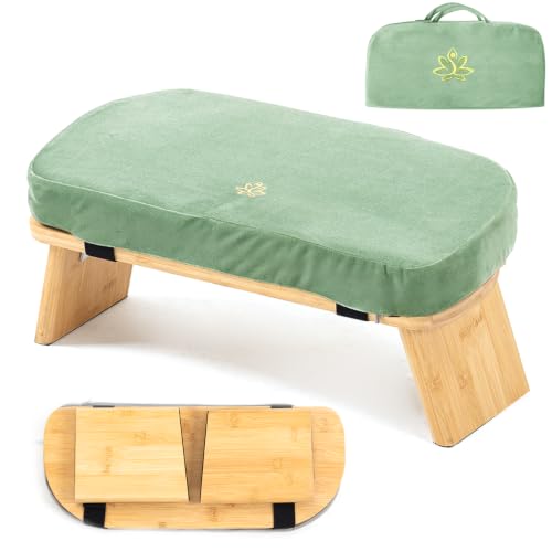 Large Bamboo Meditation Bench, Foldable Prayer Stool(Green & Bag) - color: Green & Bag