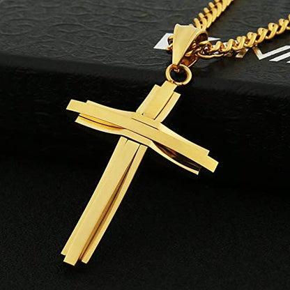 HZMAN Mens Polished Stainless Steel Silver Cross Pendant Necklace - color: Gold