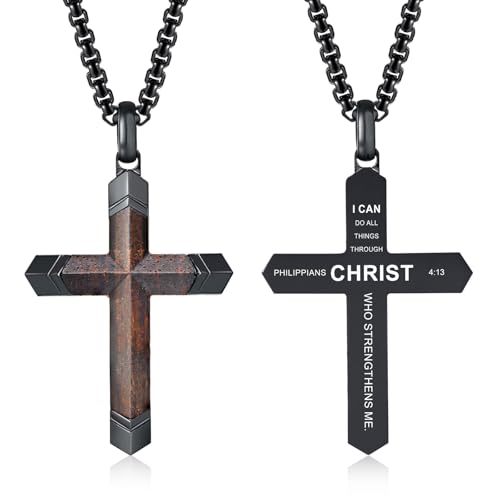 FLHEART Wooden Cross Bible Verse Necklace for Men, Hawaiian Handmade Real Black Ebony Wood Cross Pendant Stainless Steel Chain, Mens Cross Necklaces Koa Wood Jewelry Christian Baptism Easter Gifts - style: Philippians 4:13 - 1pc