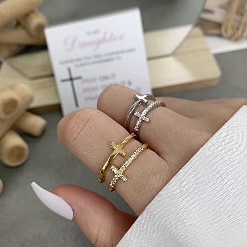 Harlermoon To My Daughter Pray Through It Cross Ring Double Cross Adjustable Baptism Gold CZ Diamond Creative Wedding Commitment Ring for Woman - color: silver&gold