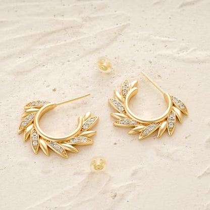 MYEARS Women Hoop Earrings Gold 14K Gold Filled Small Simple Handmade Hypoallergenic Everyday Illusion Jewelry - style: Sun Leaf