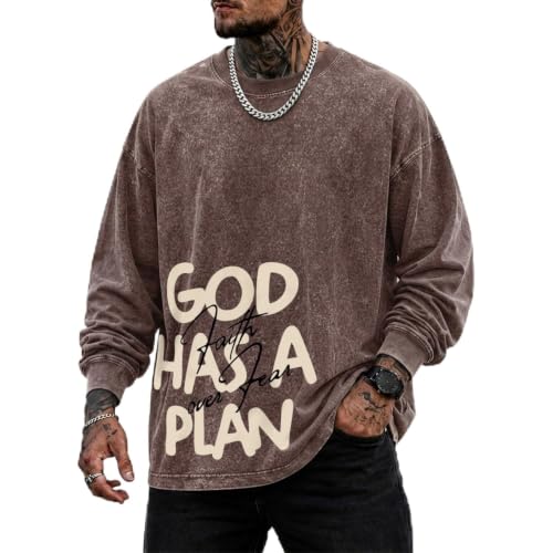 Mens Christian Long Sleeve Shirt Faith Over Fear God Jesus Faith Acid Wash T Shirt Religious Graphic Tee Vintage Top - color: Coffee, size: Medium