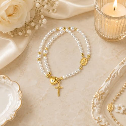 Grace & Faith: Handmade Rosary God Beads Bracelet Virgin Mary Cross Double Layer Chain Crucifix Religious Christian Faith Jewelry - color: Black&Gold Heart