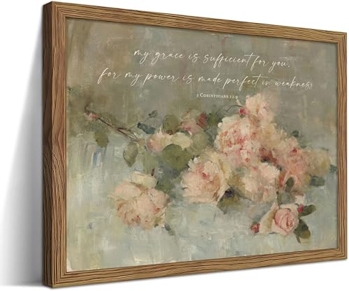 Christian Vintage Floral Framed Wall Art Corinthians 12 9 Canvas Wall Decor - color: 2 Corinthians 12:9, size: 24"L x 16"W