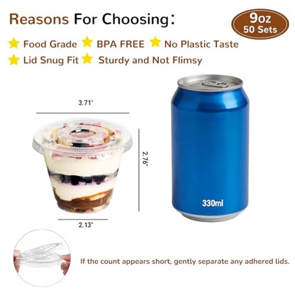 9oz Clear Plastic Cups with Flat Lids No Hole (50 Sets) - size: 9 oz-50Sets