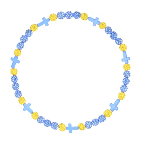 Baseball Bead Cross Necklace for Boys Kids, Elastic Rhinestone Bling Necklace Drip Gifts for Teens Players - color: Blue Cross/Teal Blue/Yellow