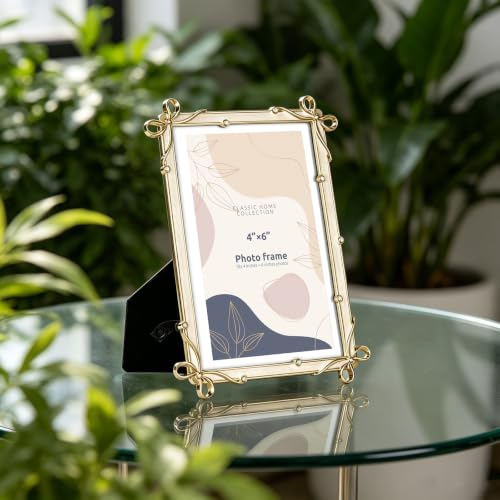 Metal Photo Picture Frame, 4x6 Inch, Bow Design with Rhinestones, Decorative Picture Frame, Classic Home Collection, Wedding Gifts (Gold) - color: Gold