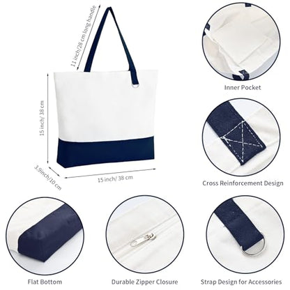6-Pack Canvas Tote Bags with Zipper, Large Grocery Tote, Navy Blue - color: Navy Blue/White