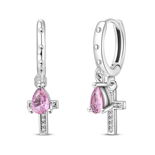 925 Sterling Silver Cute Animal Unique Huggie Hoop Earrings for Women - color: Pink Cross