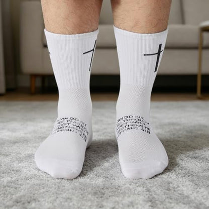 6 Pairs Christian Cross Socks Prayer Stockings with Bible Verse for Church & Daily Wear Christian Gift for Christmas - color: Philippians 4:13 - White