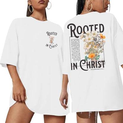 Rooted in Christ Shirt Christian Shirts for Women Jesus Oversized Tshirt - color: White, size: XX-Large