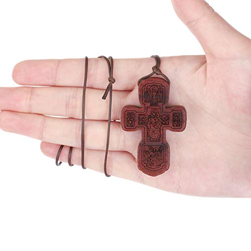 COTTVOTT Wood Orthodox Cross Pendant Necklace Christian Crucifix Necklace Prayer Jesus for Women Men - style: C-Red Color