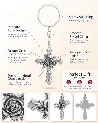 Cross Keychain for Men,Jesus Key Chain Christian Car Key Accessories，Easter Christmas Religious Gift,Purse Bag Charms - color: Silver Rose