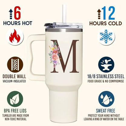 Personalized Gifts for Women, Customized Mother's Day, Birthday, Xmas Gift For Grandma, Mom, Wife, Friends, Sisters, Coworkers, Monogrammed Tumbler 40oz with Lid and Straw - color: M