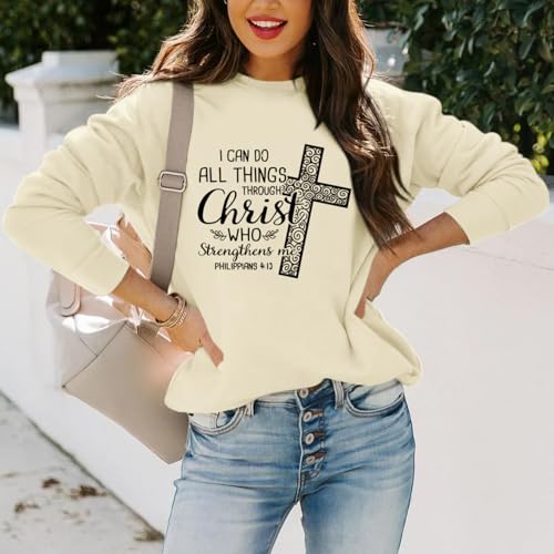 KEEVICI Christian Jesus Sweatshirts For Women Religious Bible Verse Cross Sweatshirt God Hoodie Faith Long Sleeve Shirts - color: Apricot, size: Medium