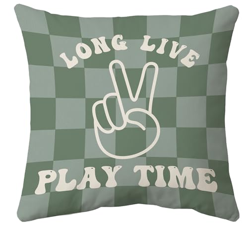 Voatok Playroom Pillow Cover 18x18, Kids Room Decor, Long Live Playtime Green Checkered Decorative Throw Pillow Cover Pillowcases Decorations for Kids Boy Nursery Room Playroom Sofa Bed Couch Decor - color: Play Time-1