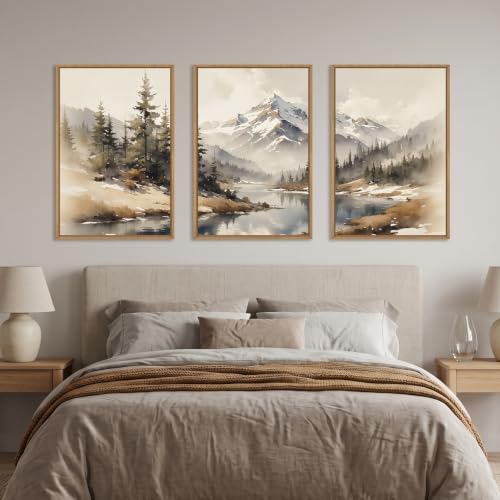 Boho Misty Mountain Watercolor Framed Canvas Wall Art Set-16"x24"x3 - color: Misty Mountain Wall Art, size: 16"L x 24"W