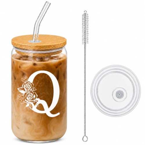 Personalized Cups, Custom Initial Tumbler, Cute Glass Tumbler, 16 oz Iced Coffee Cup, Personalized Gifts for Women, Letter Q Cup with Bamboo Lid and Glass Straw, Cute Coffee Drinkware - style: Q
