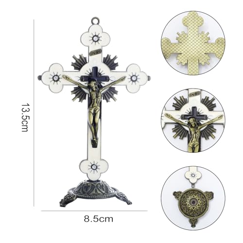 KOMI White Standing Crucifix with Detachable Base, 5 Inch Enamel Metal Cross Stand for Home Office Church Decor - color: white-bronze
