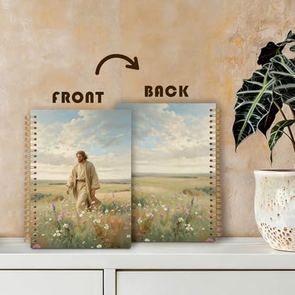 Christian Jesus Notebook Journal, Jesus Walking Wildflower Landscape Bible Prayer Spiral Hardcover Notebook Journal for Church Notes Study Office Work, 5.5x8.3 Inch - color: Christ in Flower Field