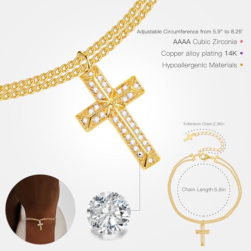 Gold Cross Bracelet for Women, Dainty 18K Gold Plated Double Pendant Jewelry, Sparkling Zirconia Prayer Bracelet, Adjustable Link Chain Lobster Clasp (5.9in + 2.4in) - style: Sparkling Full-Zircon Cross