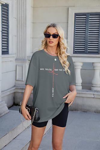 Christian Shirts for Women Oversized Bible Verse T-Shirt Jesus Religious Faithful Shirt Christ Crewneck Tee Top - color: Grey, size: Medium