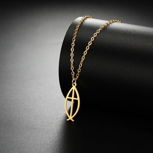 Ichthus Necklace for Women Christian Jesus Fish Necklace Christ Fish Cross Ichthys Pendant Necklace Ichthus Fish Religious Symbol Pendant Christian Jewelry Gift - color: Ichthys cross gold