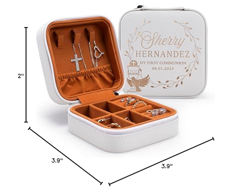 First Communion Gifts for Girls - Custom Jewelry Box for 1st Holy Communion, Personalized with Name and Date I 6 Designs & 5 Colors I First Communion Keepsake - D1 - style: Design 1